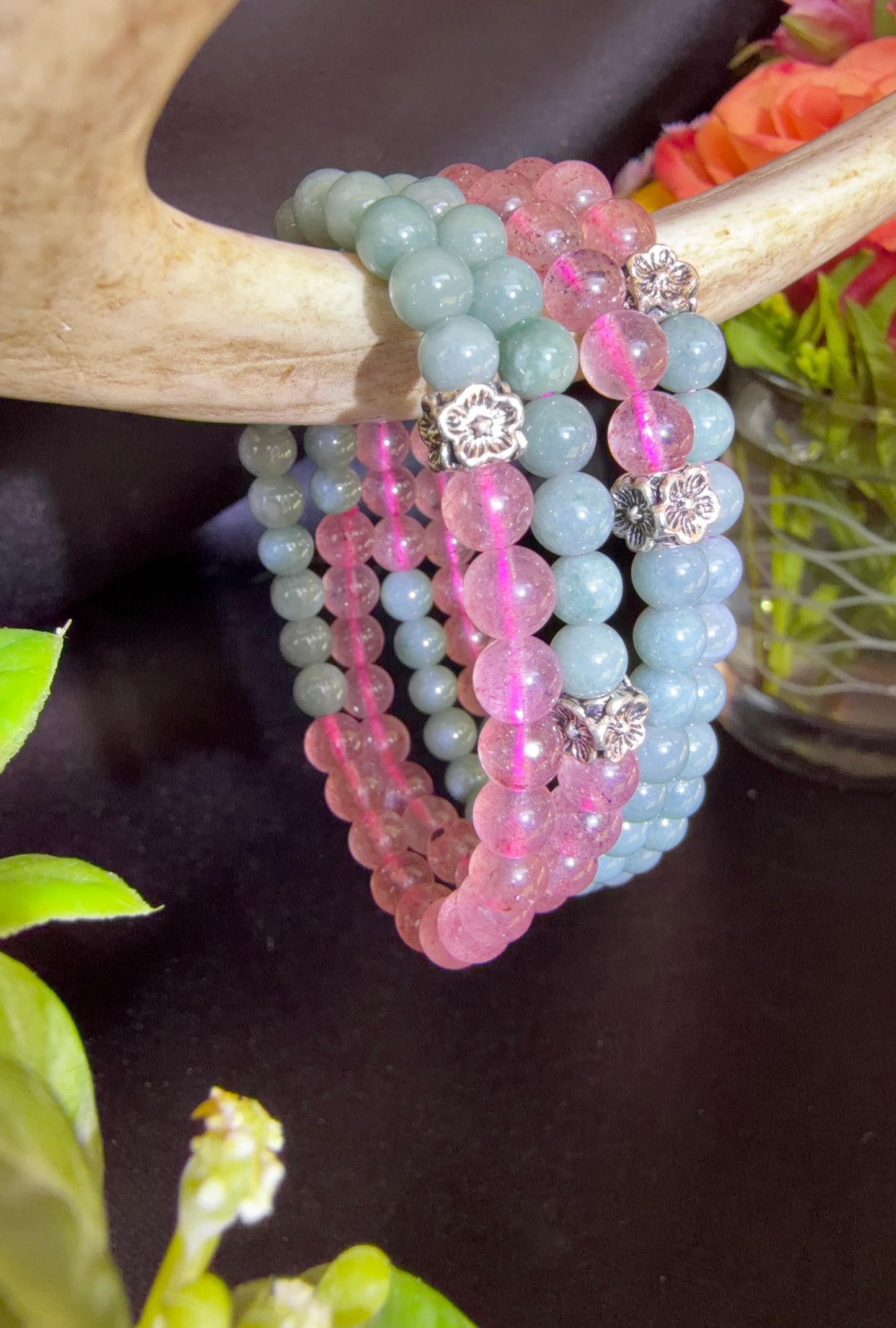 Blue Water Jade and Strawberry Quartz Bracelets