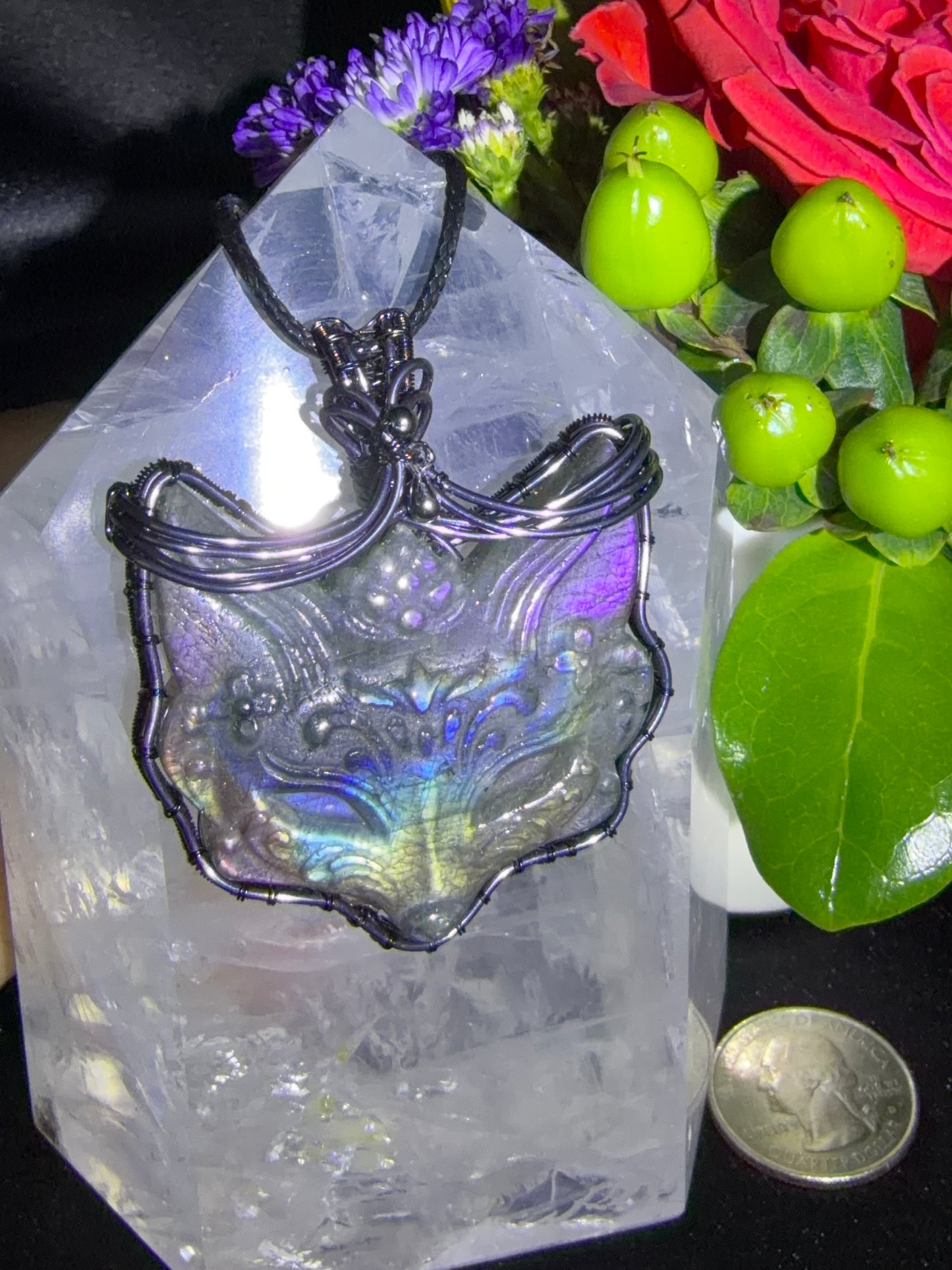 Labradorite Fox Pendant - Wire Wrapped with Copper