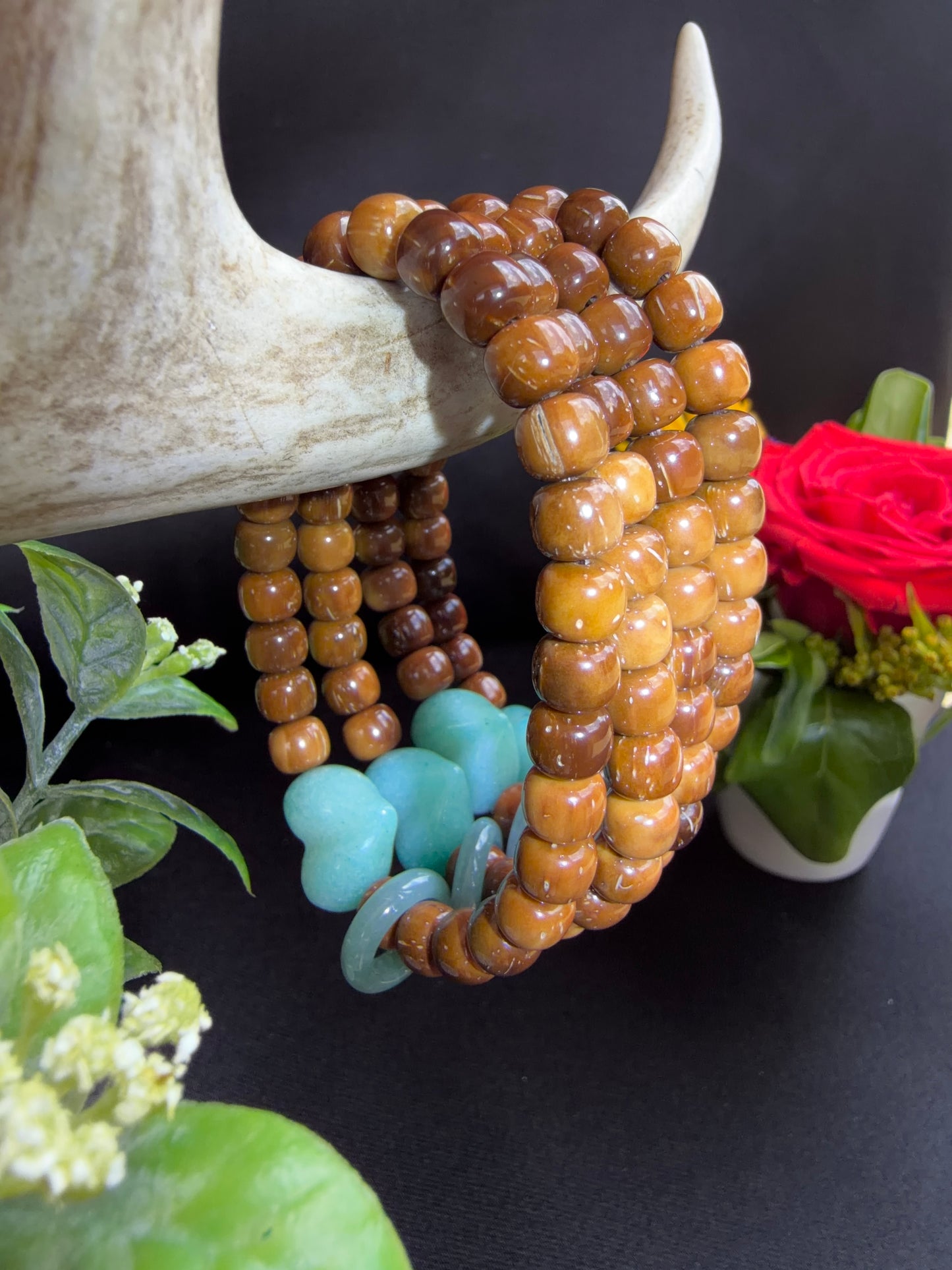 Coquilla Nut with Amozonite Heart Bracelets