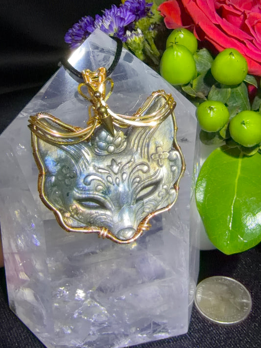 Labrodorite Fox Pendant - Wire Wrapped with Copper