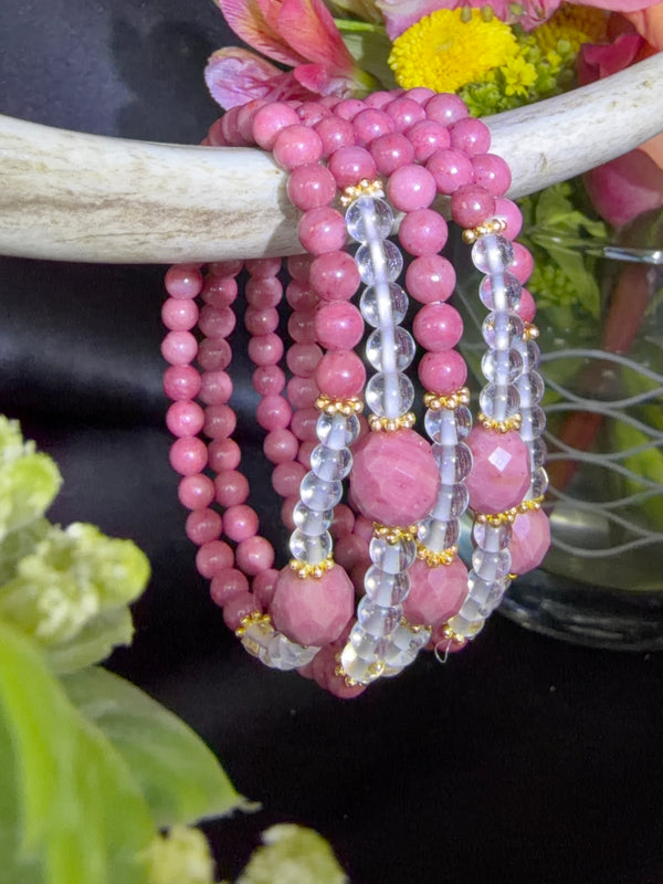 Pink Petrified Wood with Clear Quartz Bracelets