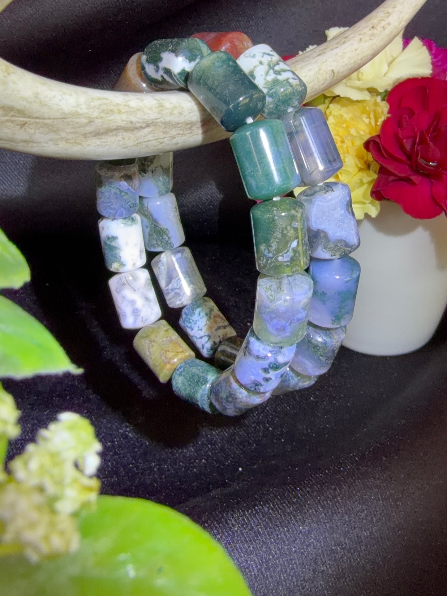 Moss Agate Barrel Bracelets