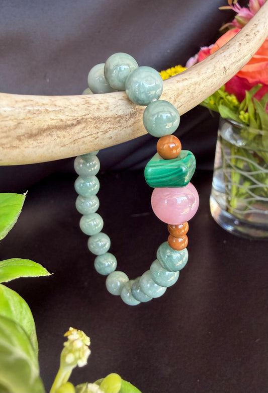 Blue Water Jade with Pink amethyst and Malachite Beads Bracelet