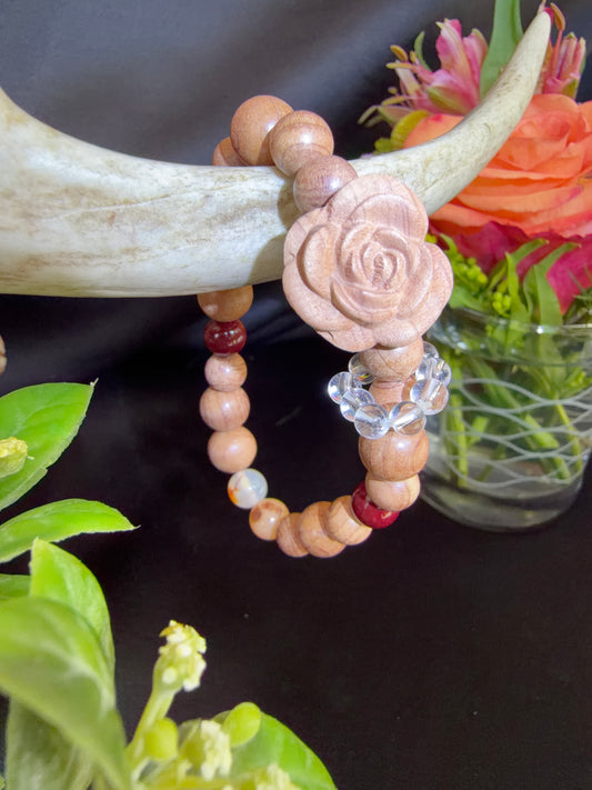 Rosewood with Clear Quart Dangle and Rose Bead Bracelets