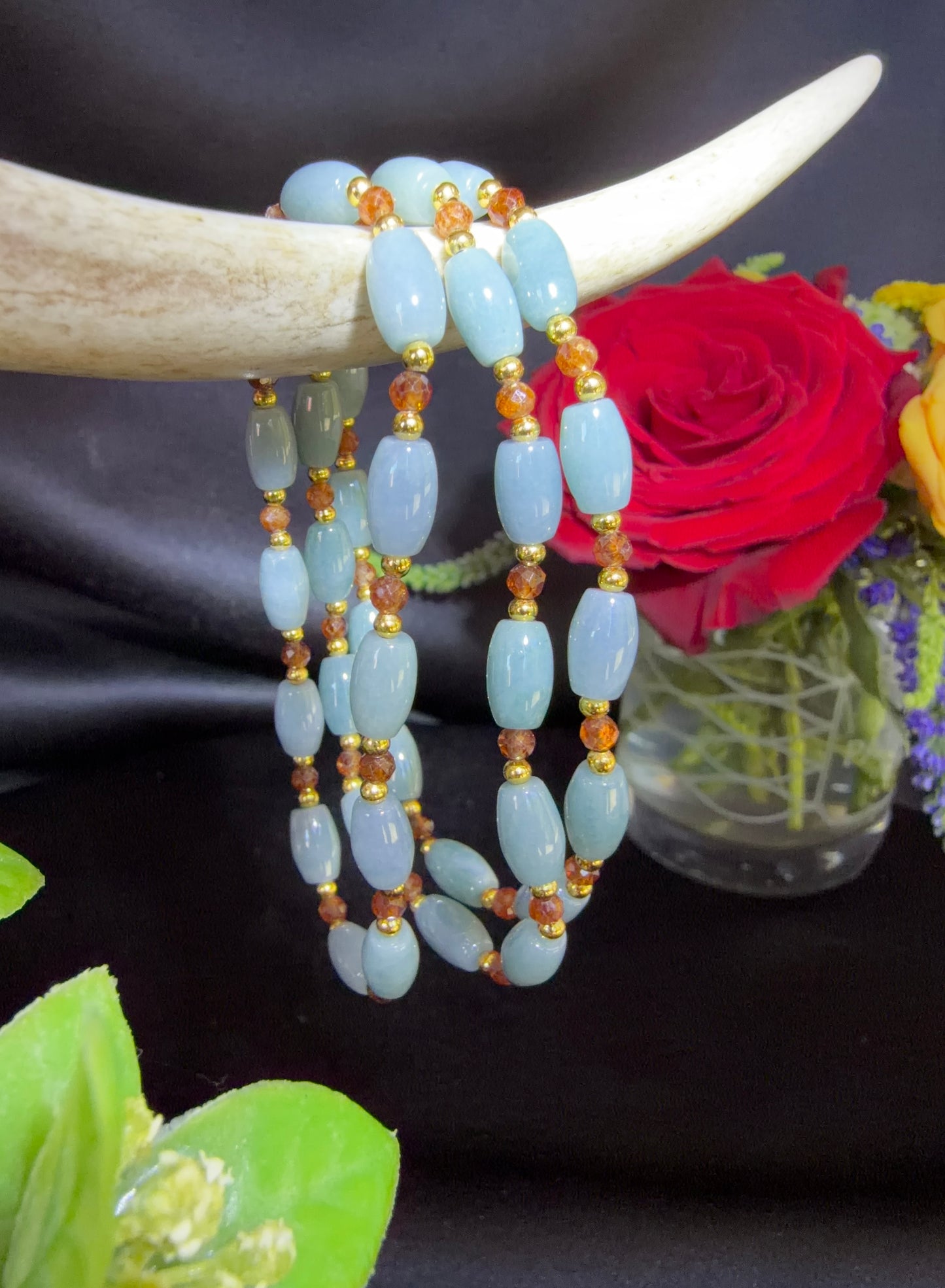 Blue Water Jade and Orange Garnet Bracelets
