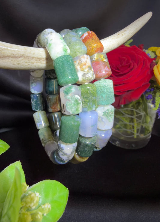 Moss Agate Barrel Bracelets