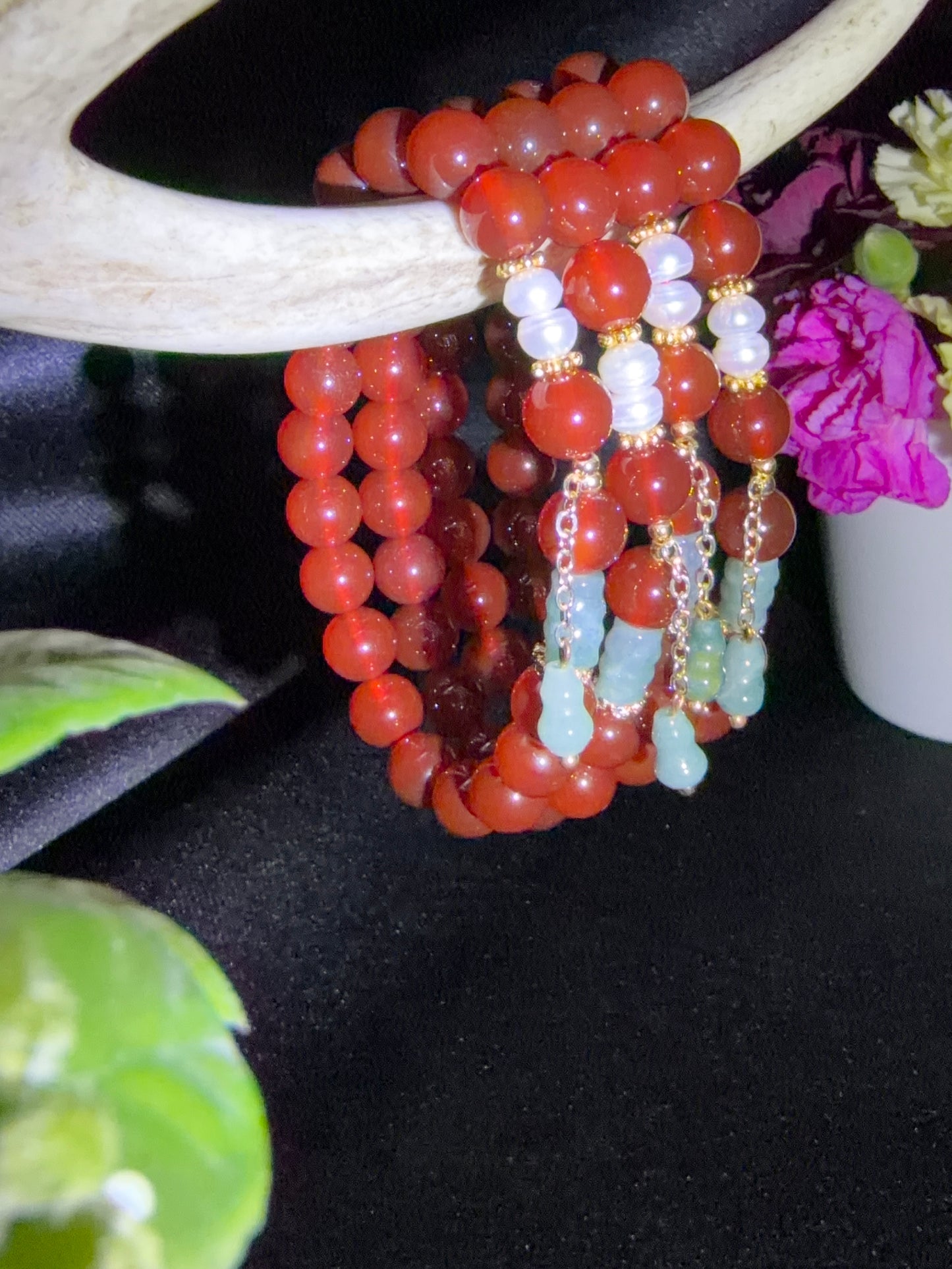 Sardonyx with Fresh Water Pearl and Blue Water Jade Bracelets