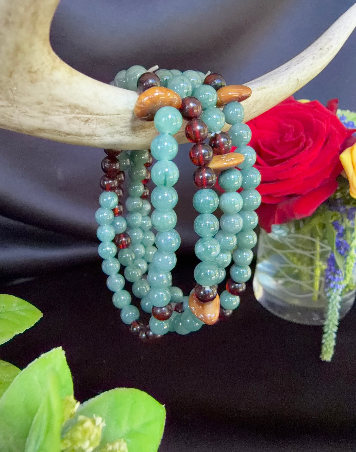 Blue Water Jade and Sardonyx with Coquilla Nut Bracelets