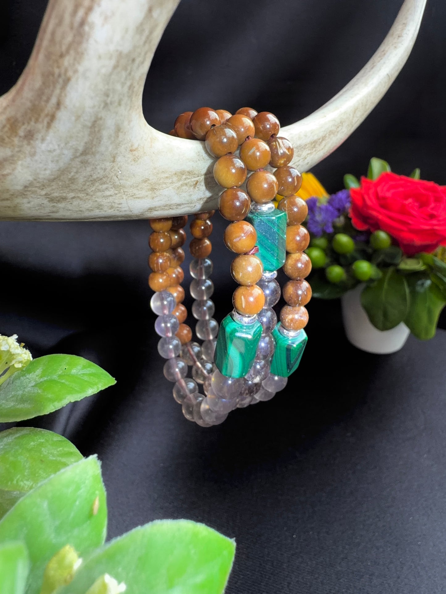 Smokey Quartz/Coquilla Nut with Malachite