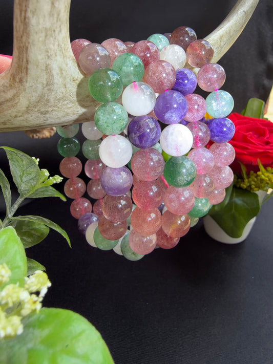 Mixed Strawberry Quartz/Clear Quartz and Amethyst Bracelets