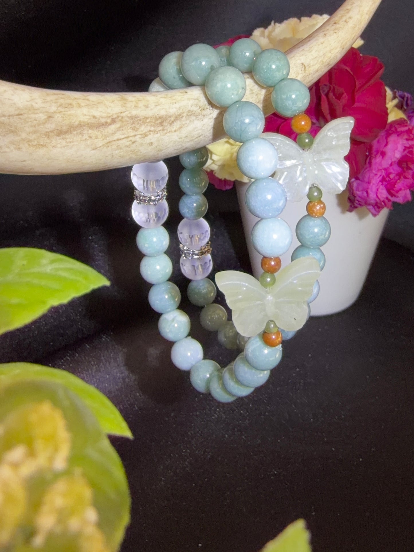 Blue Water Jade with Clear Quartz and Butterfly Bracelets