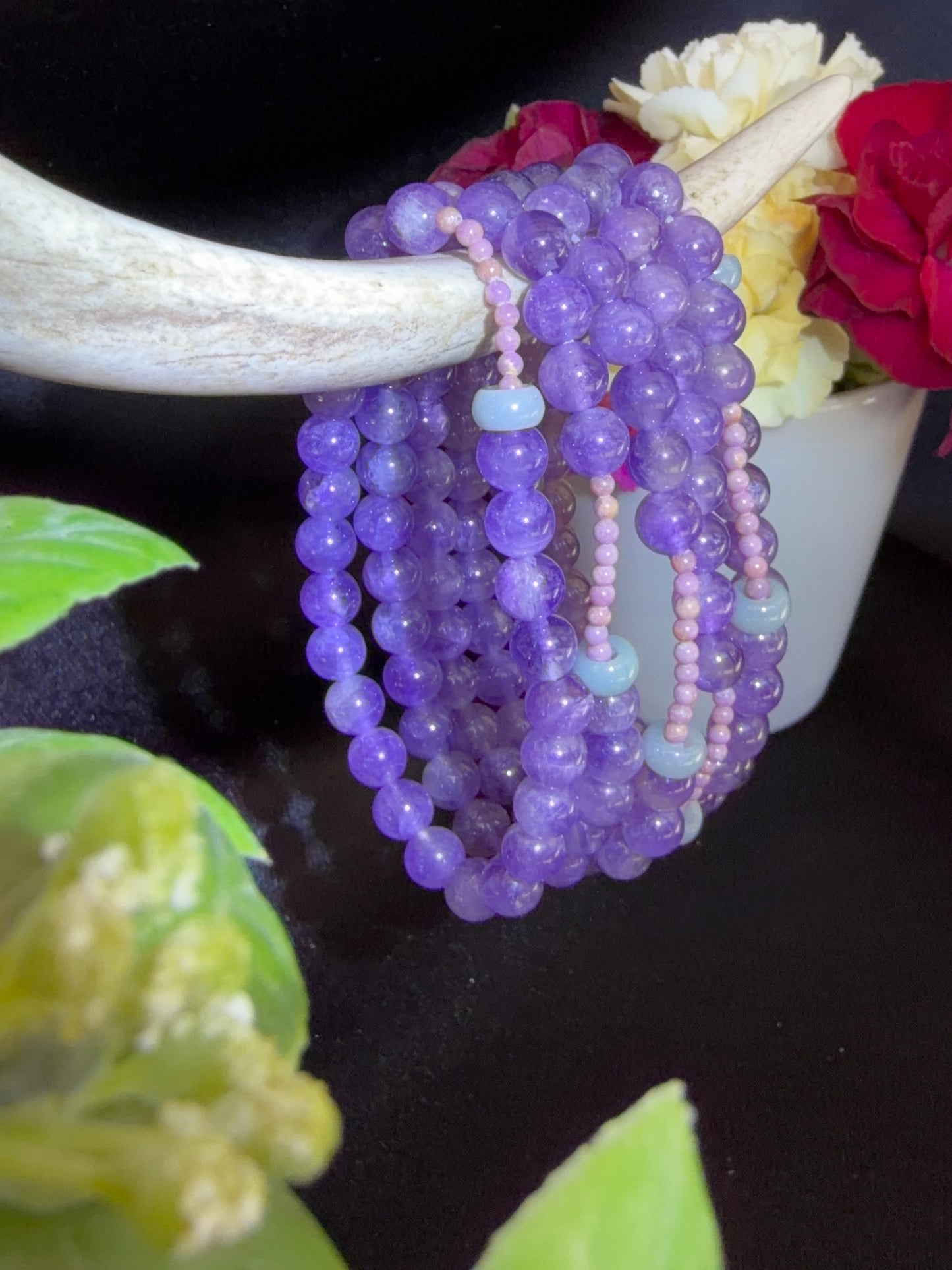 Amethyst with Pink Amethyst and Blue Water Jade Ring Bracelets