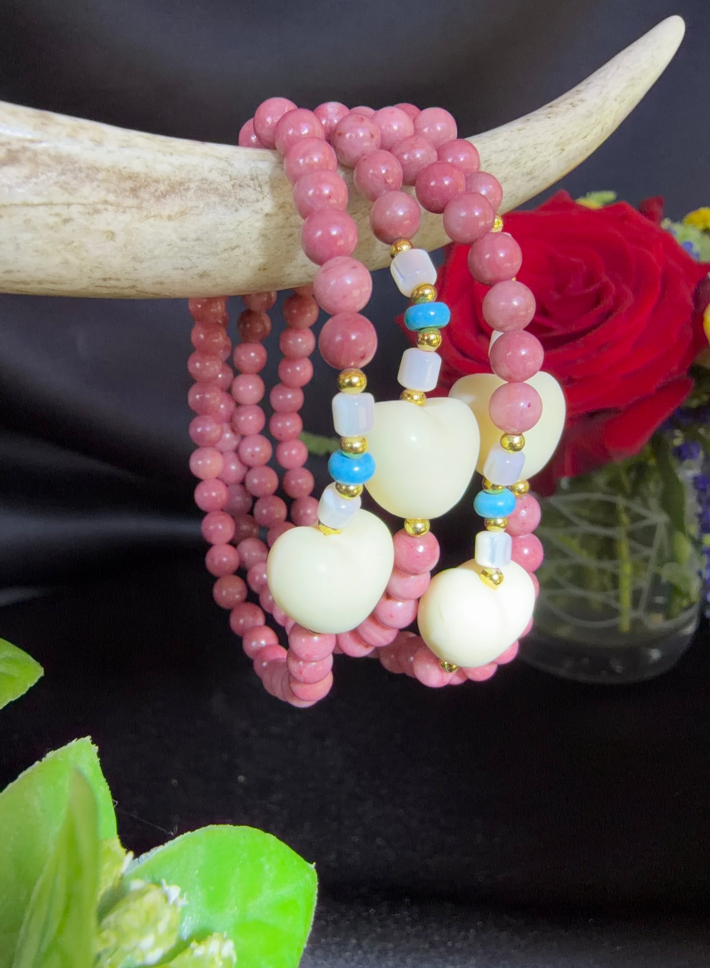 Rhodonite and Ivory Nut Bracelets