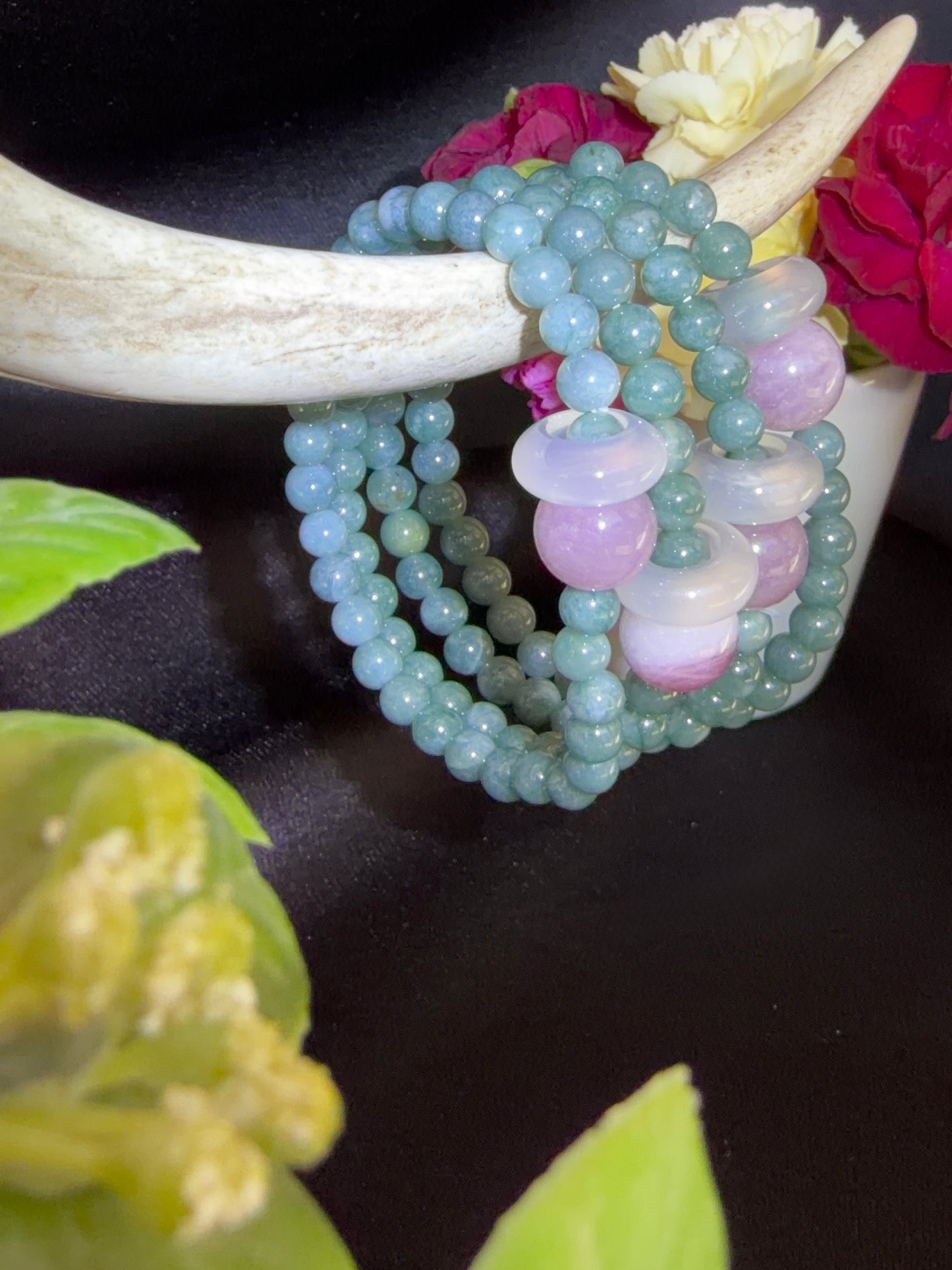 Blue Water Jade with Pink Amethyst and clear Quartz Ring Bracelets