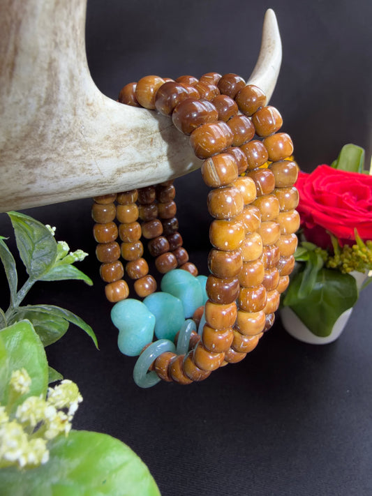 Coquilla Nut with Amozonite Heart Bracelets