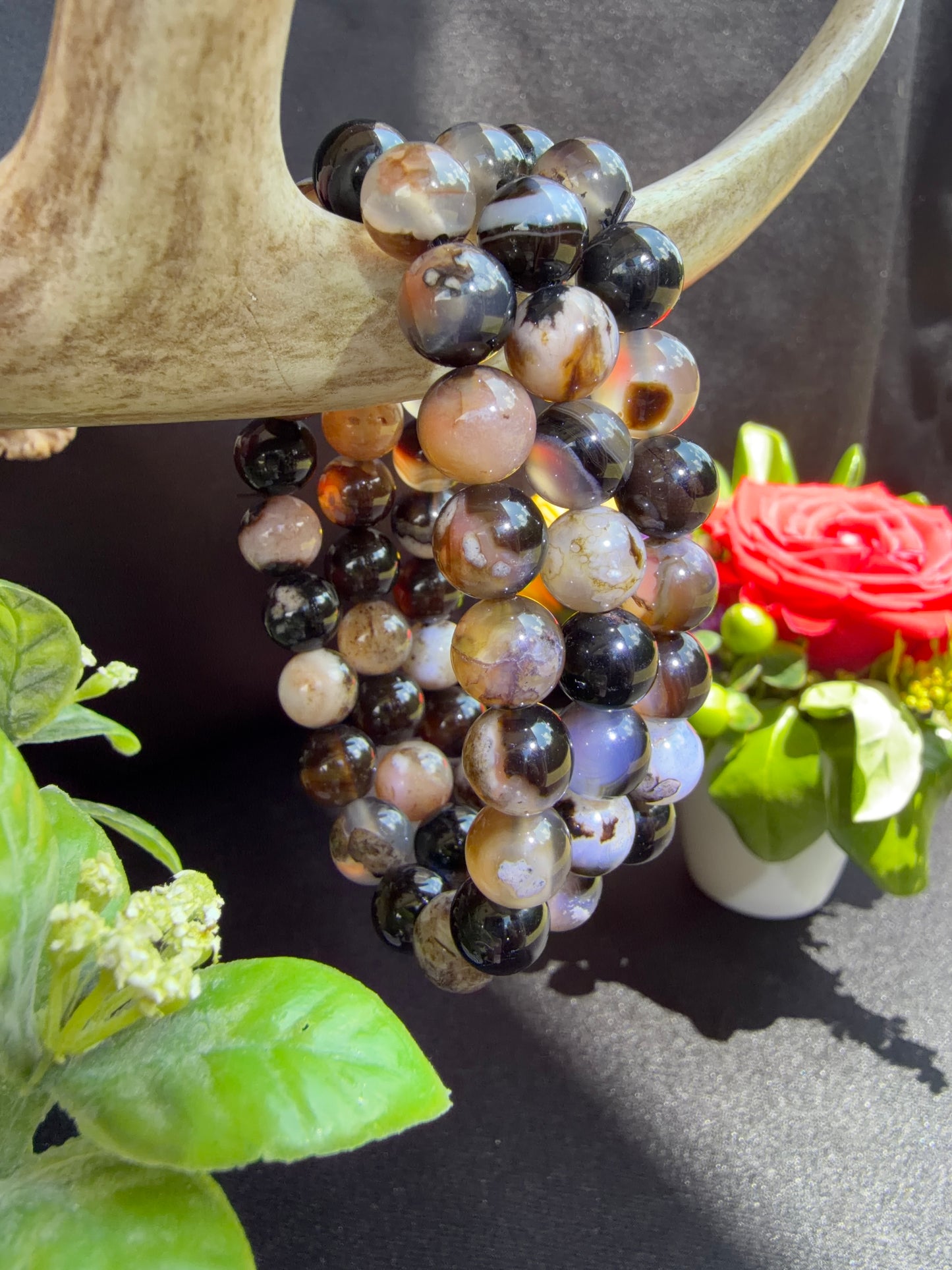 Black Flower Agate Bracelets