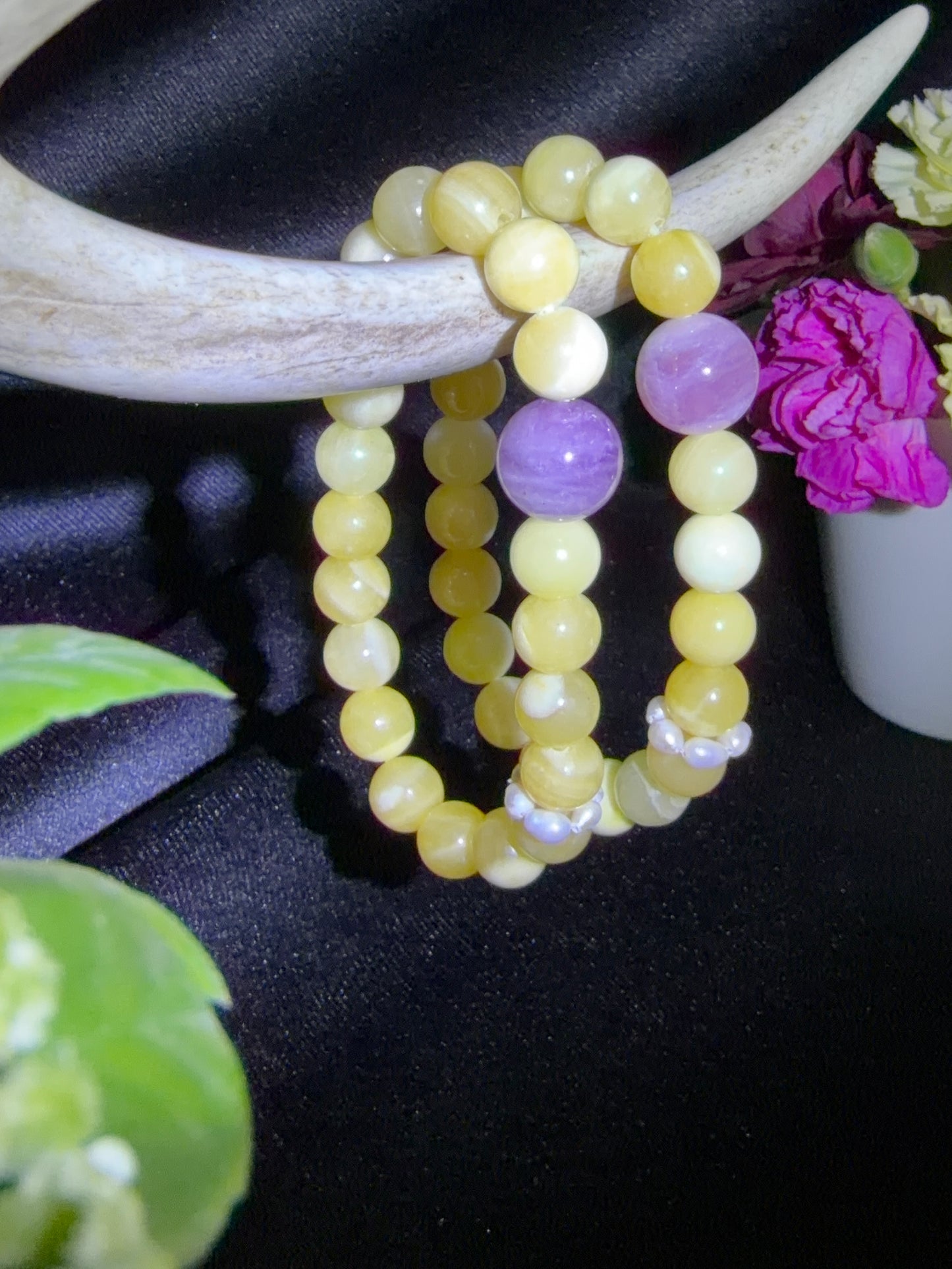 Honey Calcite With Ponk Amethyst and Fresh Water Pearl Bracelets