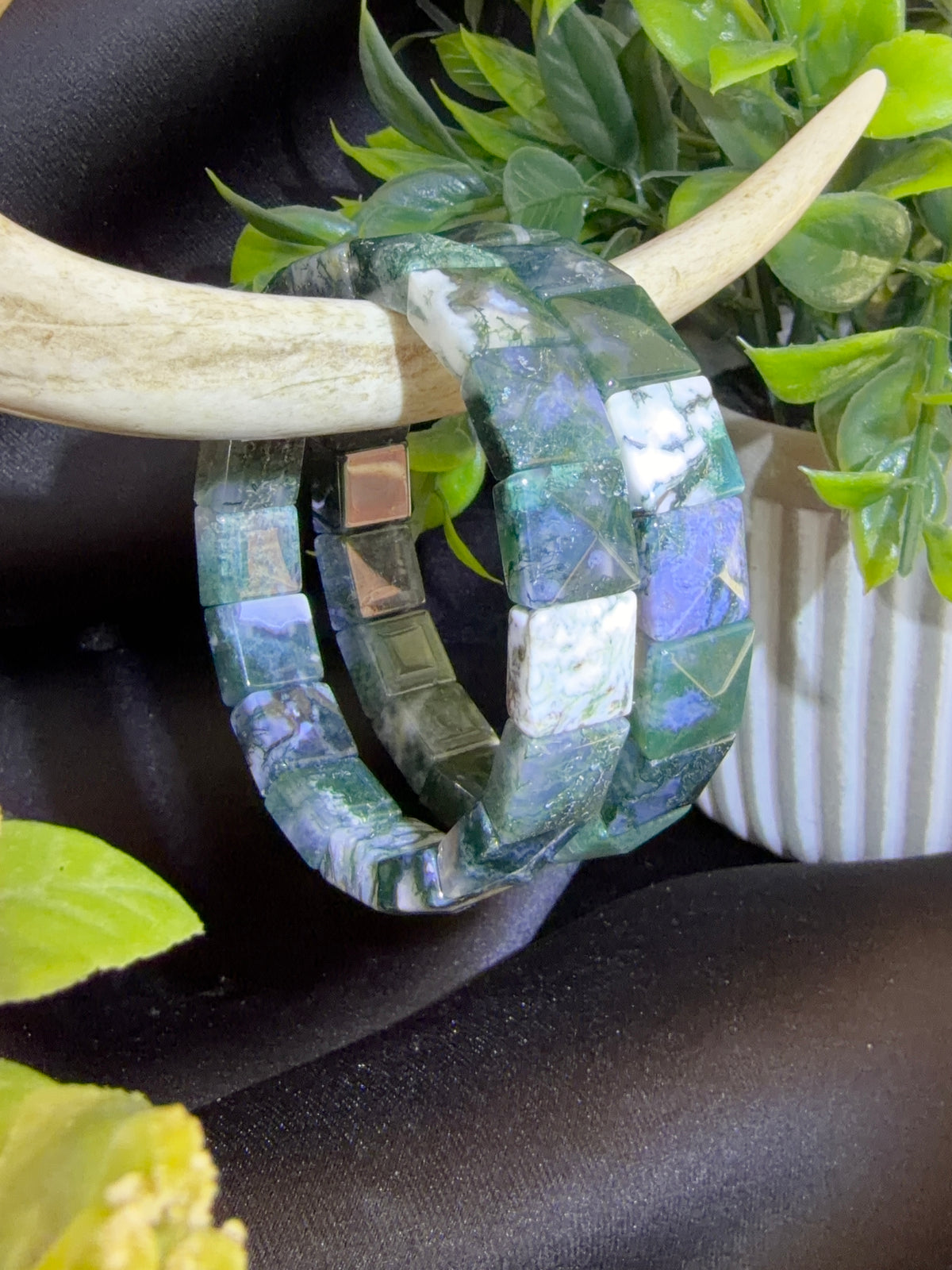 Moss Agate Faceted Square Soft Bangle