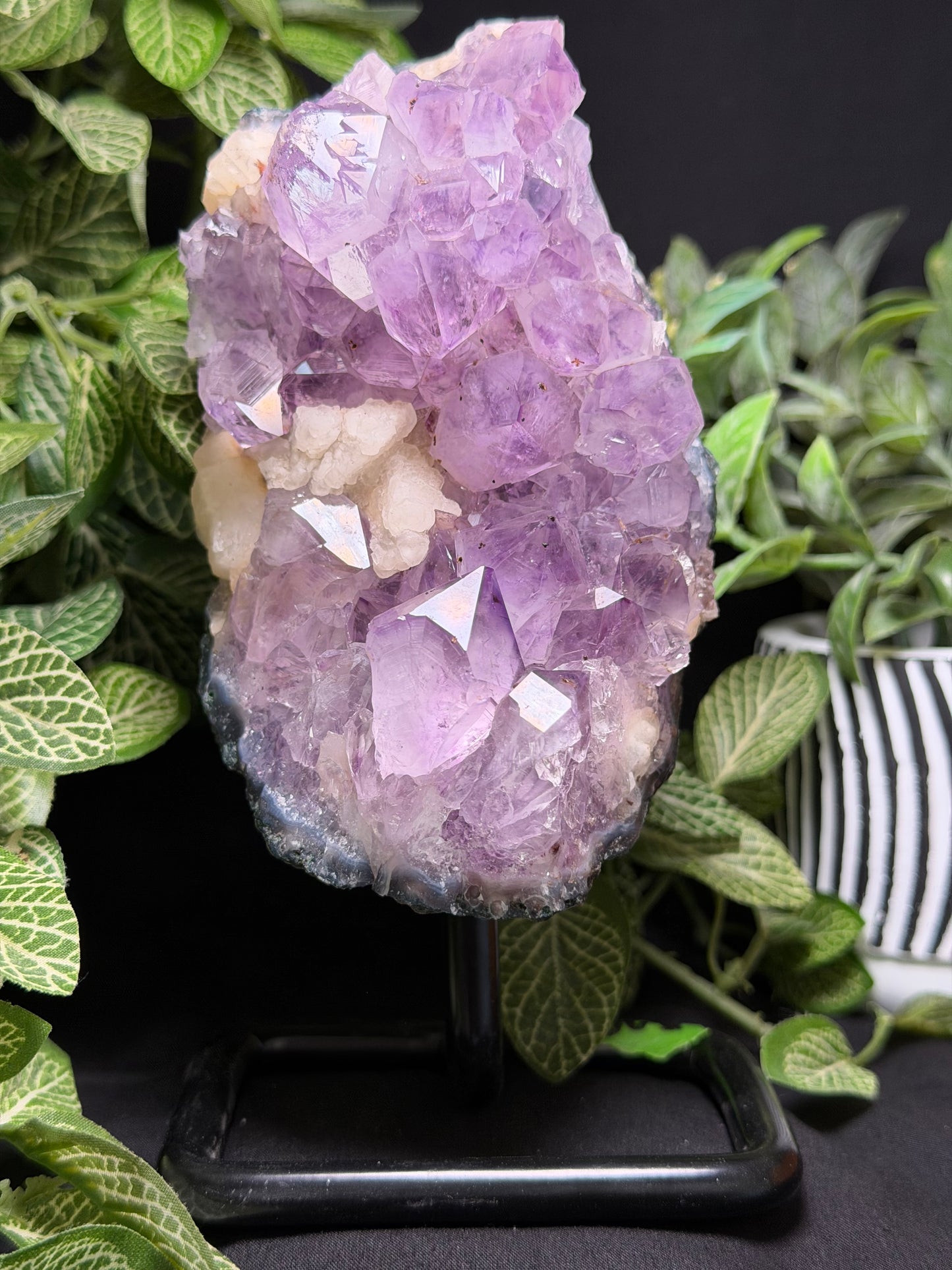 Amethyst Cluster with Calcite on Stand