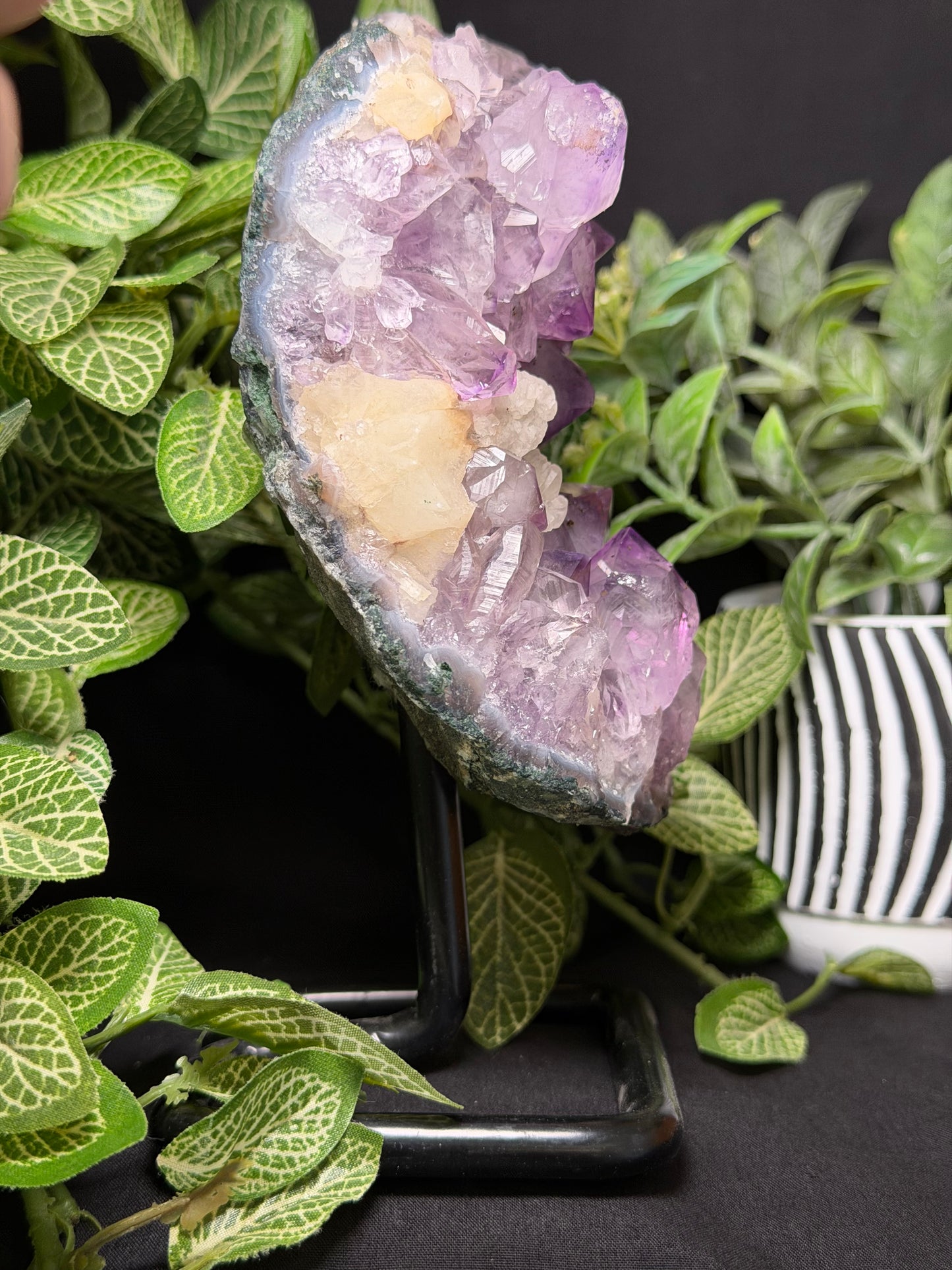 Amethyst Cluster with Calcite on Stand